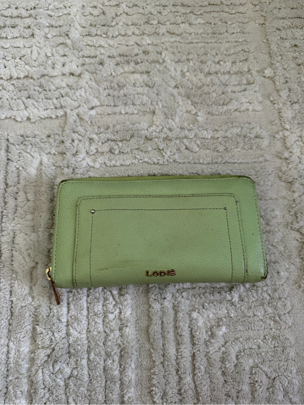 LODIS Green Leather Zip Around Continental Wallet Gold Logo